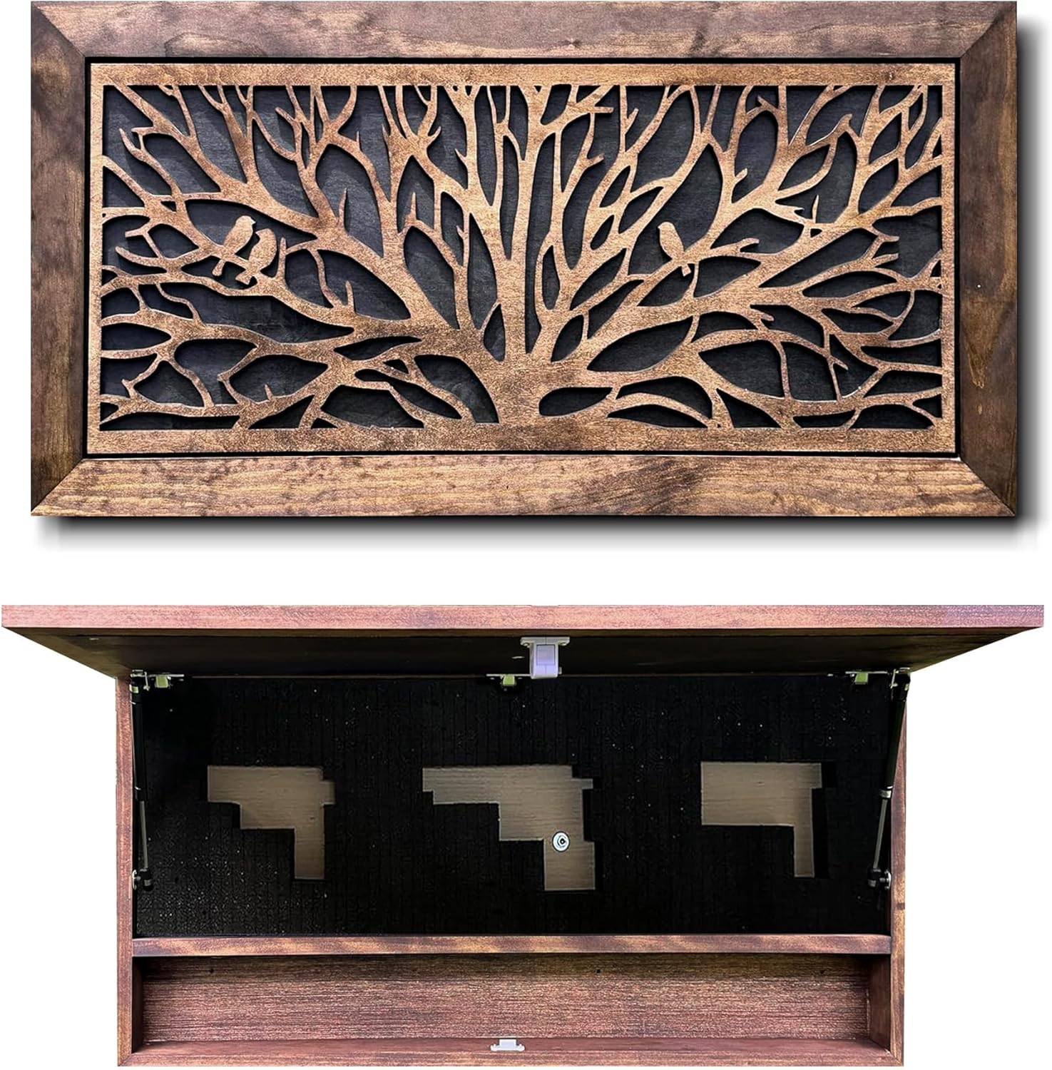 Birds in a Tree Large Gun Concealment Decor - Handcrafted Wooden Gun Cabinets - Gun Shelf Hidden Storage for Rifles, Shotguns, & Handguns - Quick Access Hidden Wall Safe