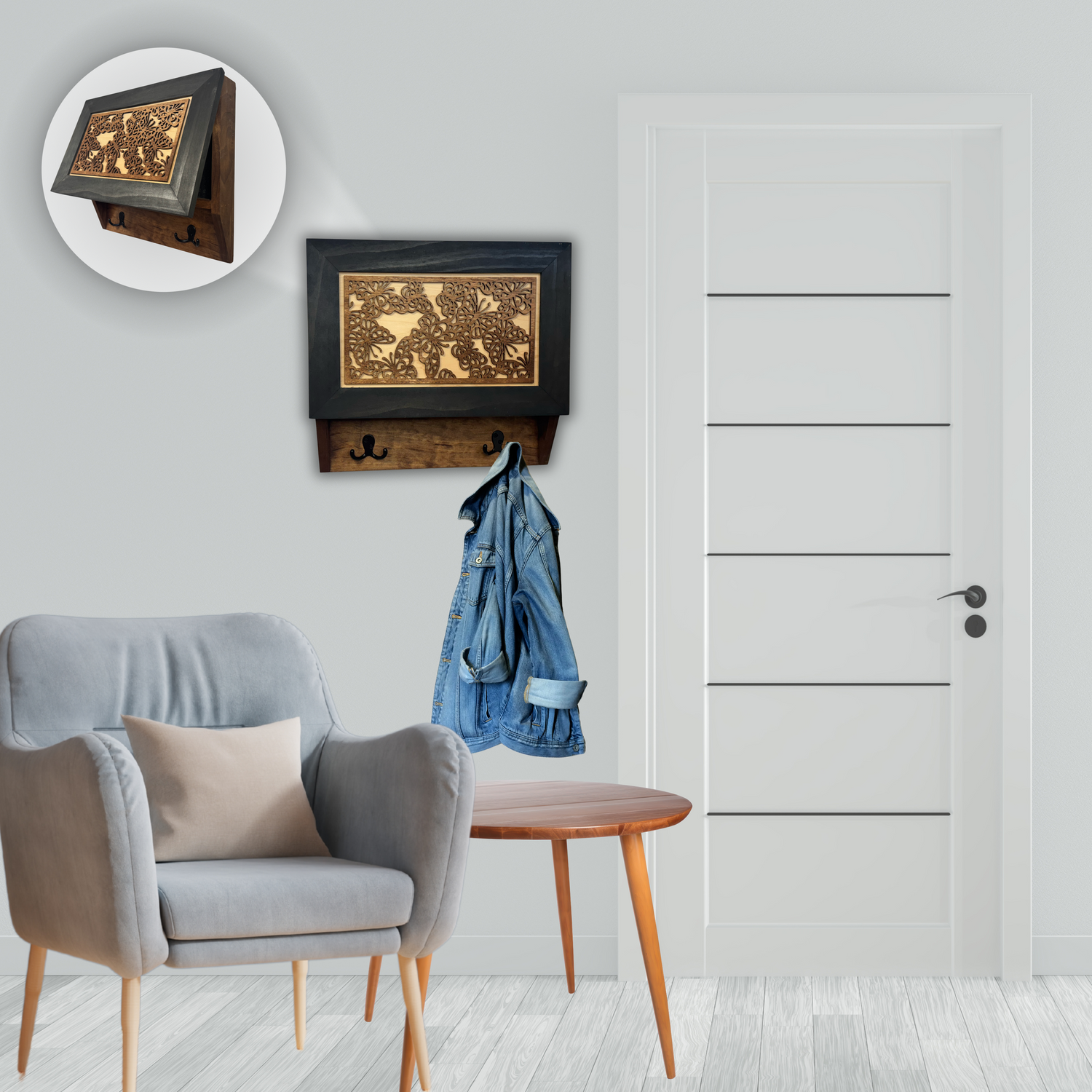 Decorative Butterfly Hidden Gun Cabinet Coat Rack, Key Hooks, Hat Hangers โ Locking Concealment Furniture by Bellewood Designs
