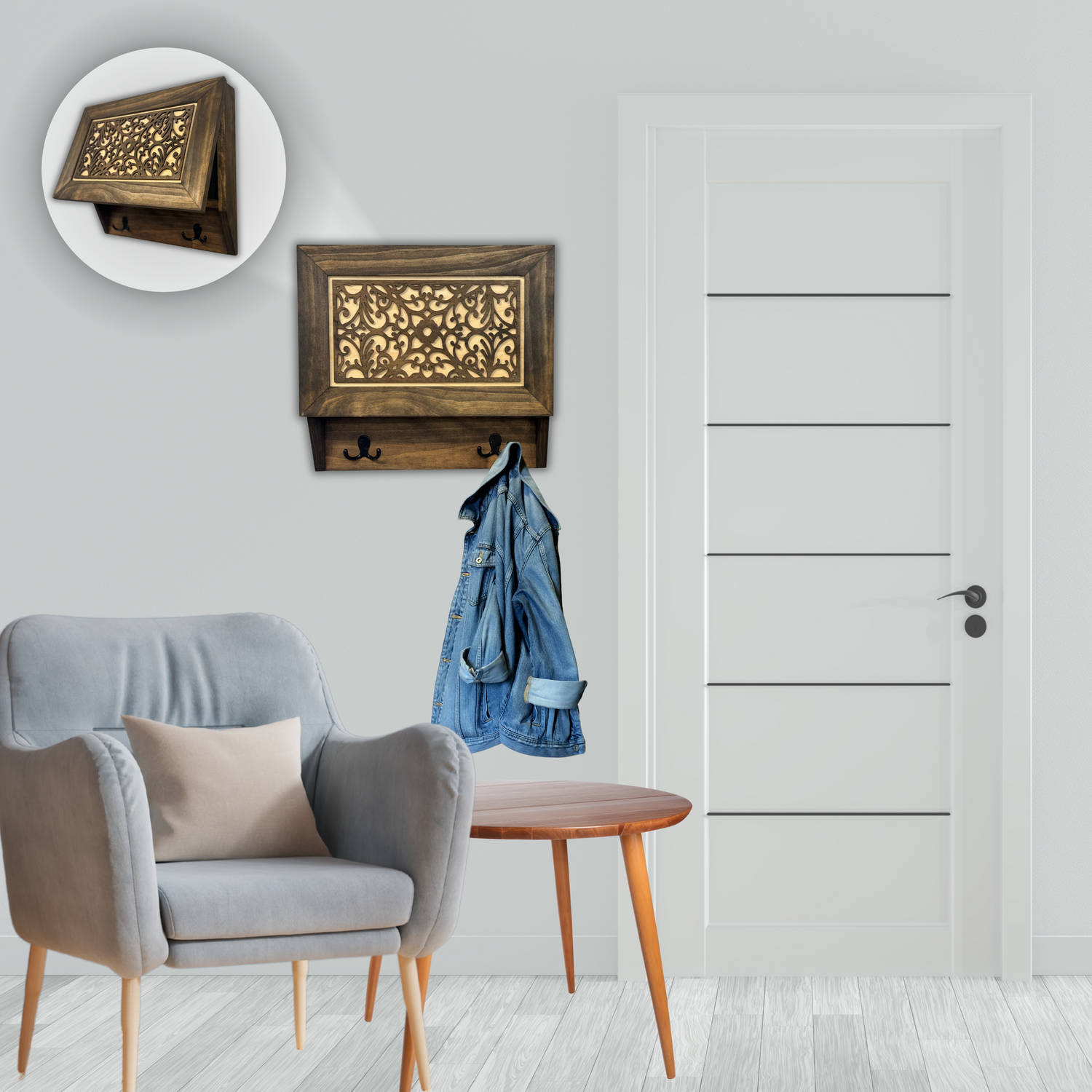 Infinity Circle Hidden Gun Cabinet β Contemporary Concealment Coat Rack with Hat Hooks, Key Hooks