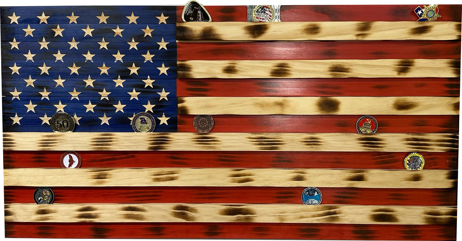 American Flag Challenge Coin Display and Hidden Gun Cabinet, Military Coin Holder Holds 100 Coins and is Ready to Hang, Large US Flag Patriotic Art 38.5