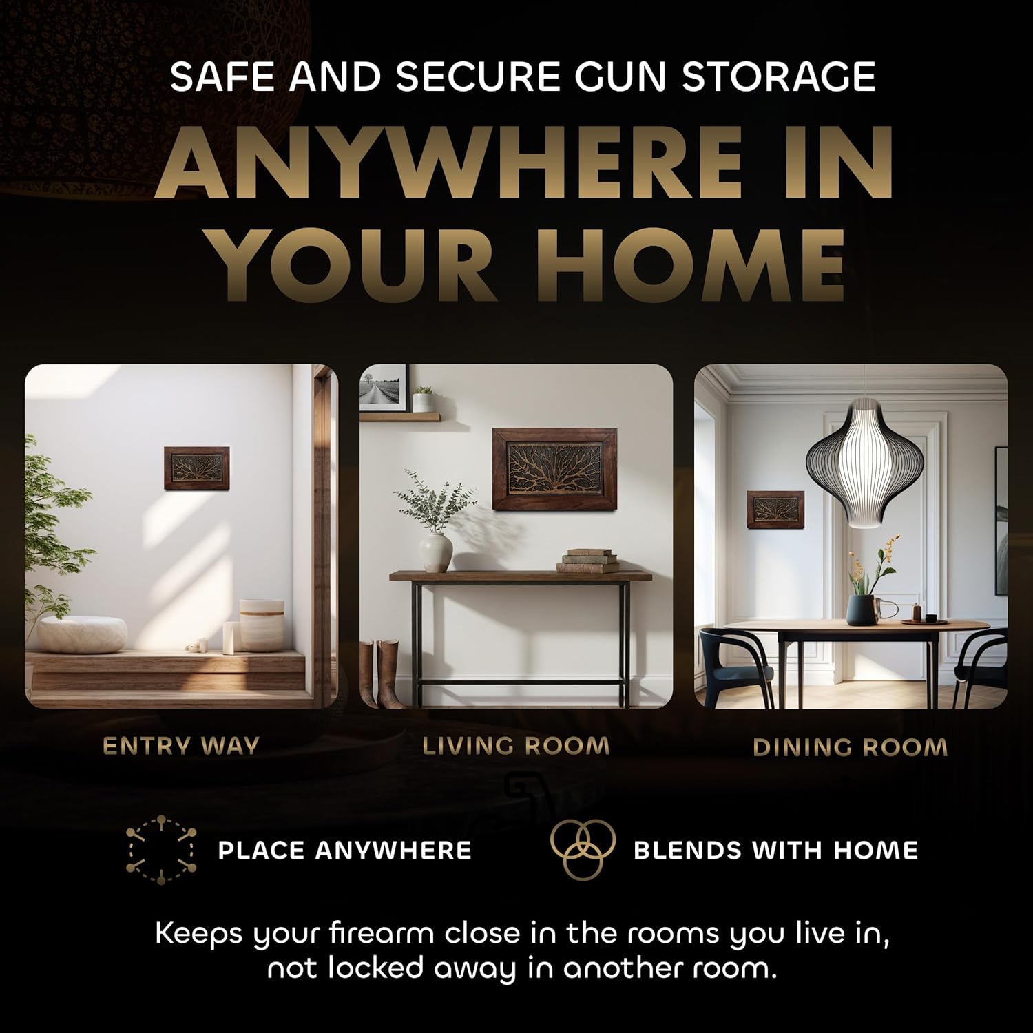 Gun Concealment Furniture - Hidden Gun Safe with Birds in a Tree Design - Fits 2 Handguns & Magazines - Wall Mounted Gun Storage with Magnetic Lock - Made in USA