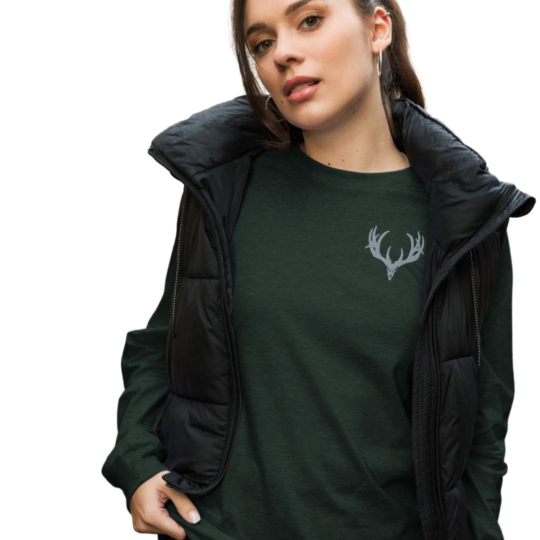Women’s Long Sleeve Hunting T-Shirt – Deer Skull, Huntress, Black, Dixie Land Outdoors 3 thumbnail image