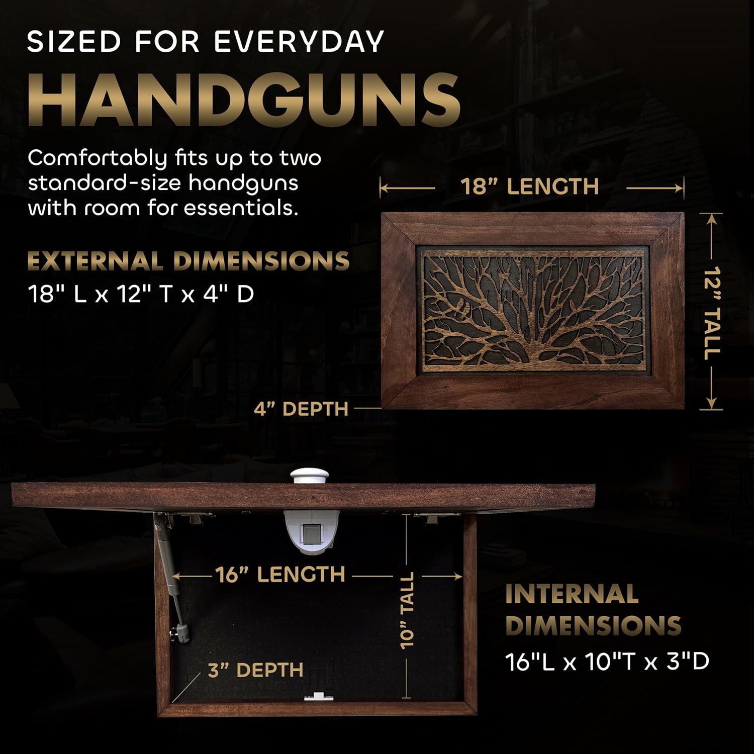 Gun Concealment Furniture - Hidden Gun Safe with Birds in a Tree Design - Fits 2 Handguns & Magazines - Wall Mounted Gun Storage with Magnetic Lock - Made in USA