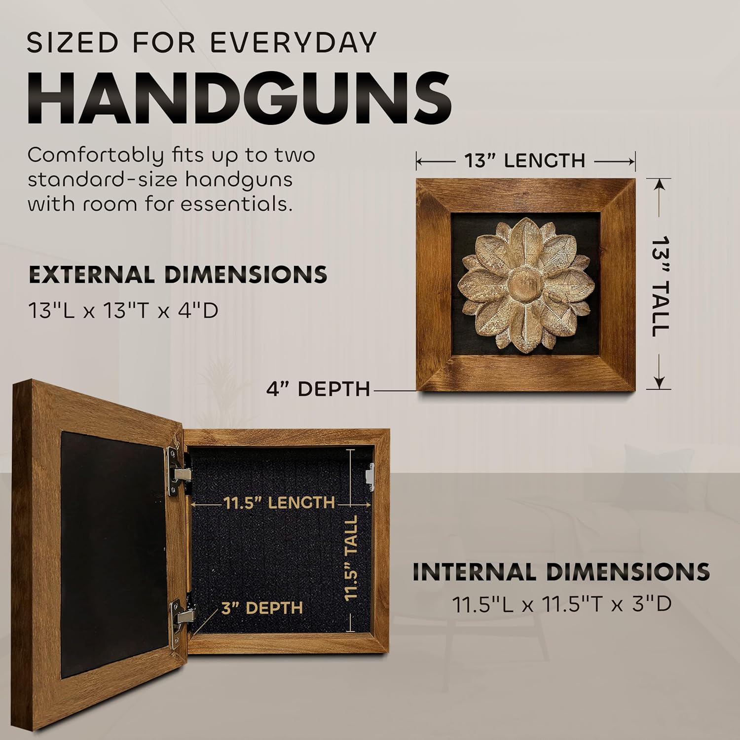 Wild Flower Hidden Gun Storage Wall Decor - Handcrafted Gun Concealment Furniture - Quick Access Handgun Safe with Magnetic Lock - Secure Hidden Wall Safe - USA Made (Black)