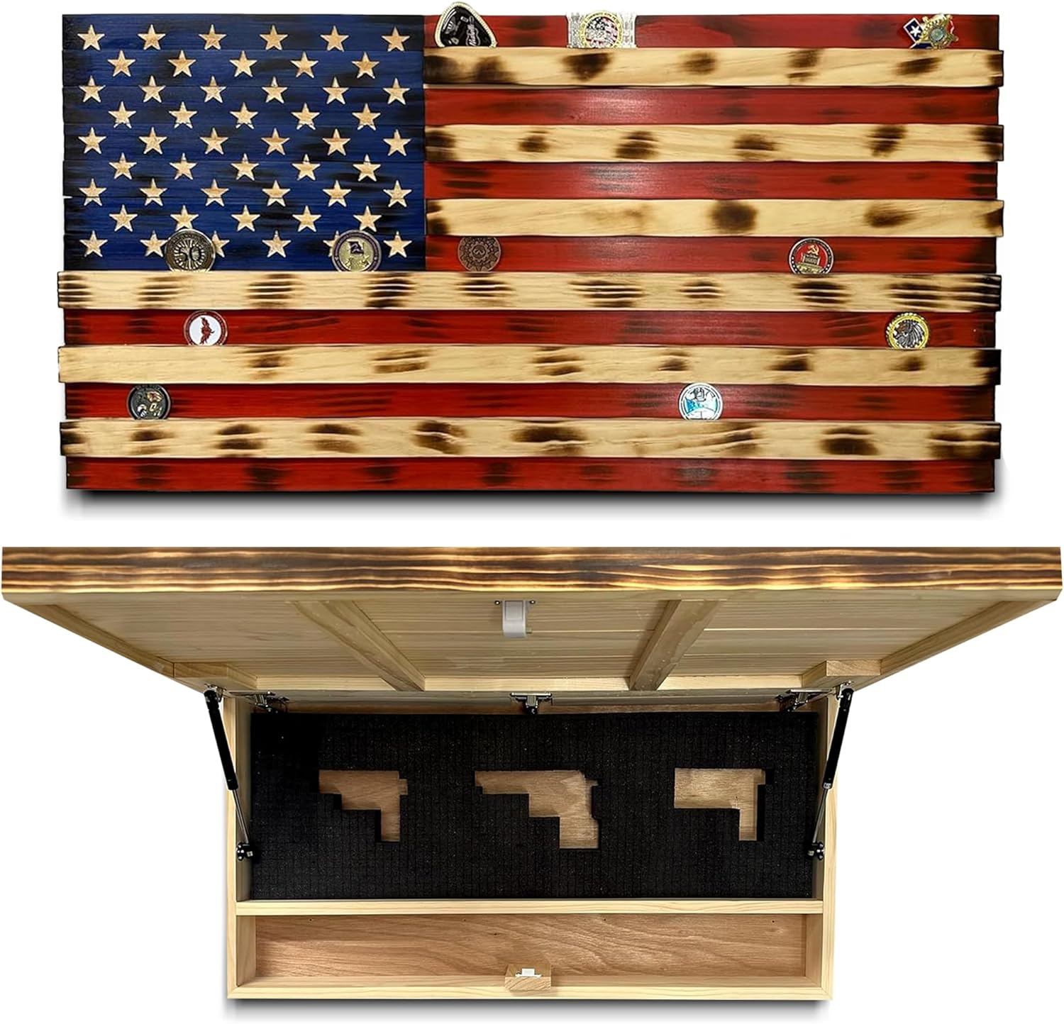 American Flag Challenge Coin Display and Hidden Gun Cabinet, Military Coin Holder Holds 100 Coins and is Ready to Hang, Large US Flag Patriotic Art 38.5