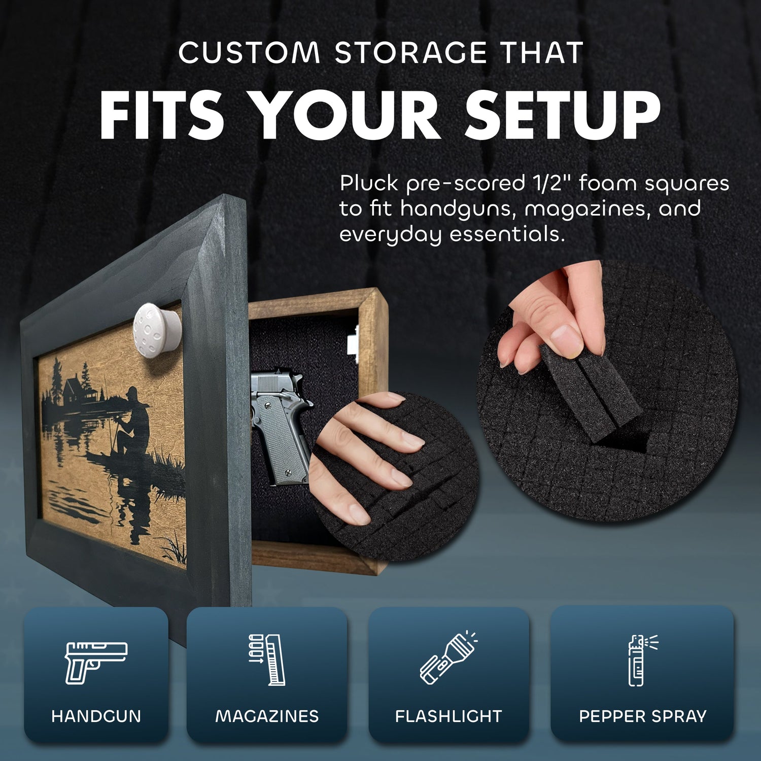 Rather Be Fishing Hidden Gun Safe - Handcrafted Gun Concealment Decor - Hidden Gun Shelf with Magnetic Lock for Quick Access - Hidden Wall Safe for Secure Storage - Made in USA