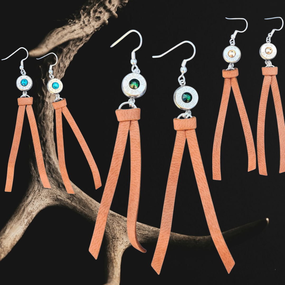 Deer Hide Headstamp Dangle Earrings