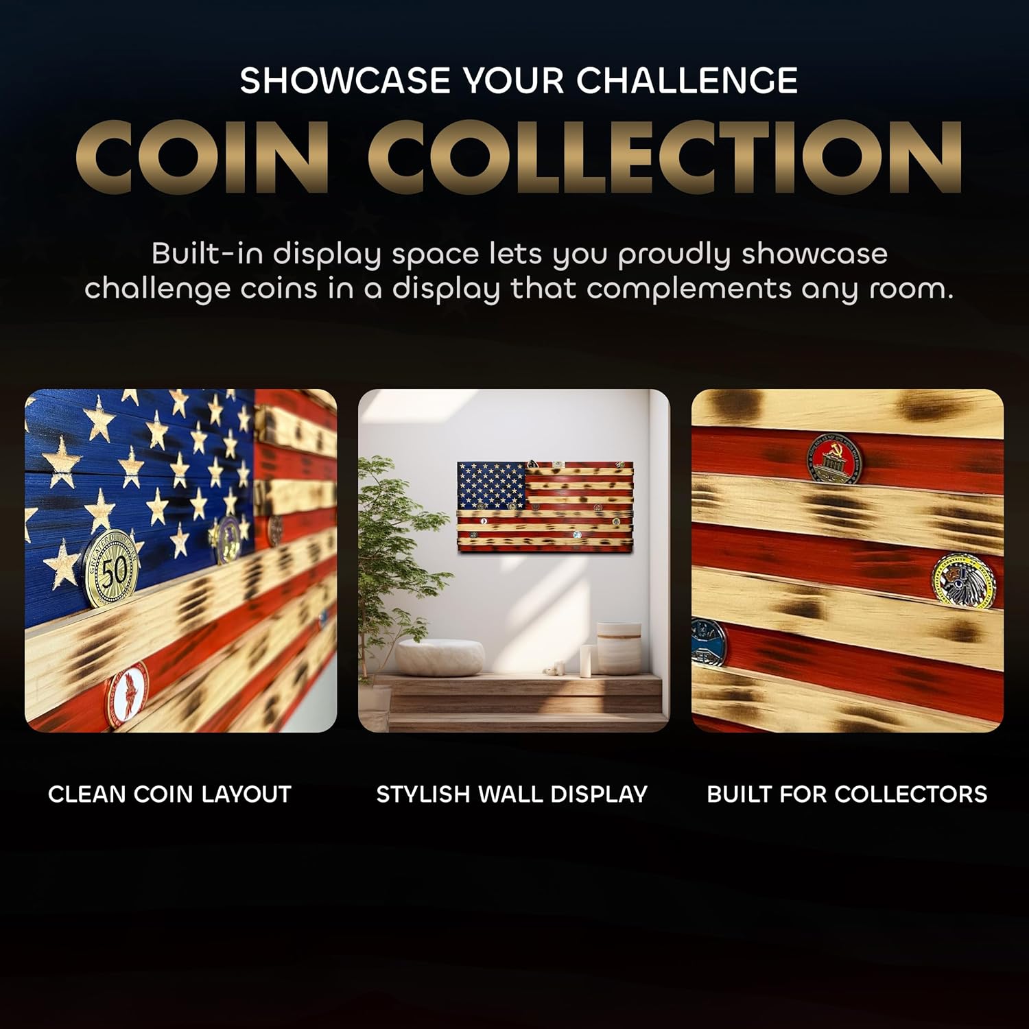 American Flag Challenge Coin Display and Hidden Gun Cabinet, Military Coin Holder Holds 100 Coins and is Ready to Hang, Large US Flag Patriotic Art 38.5