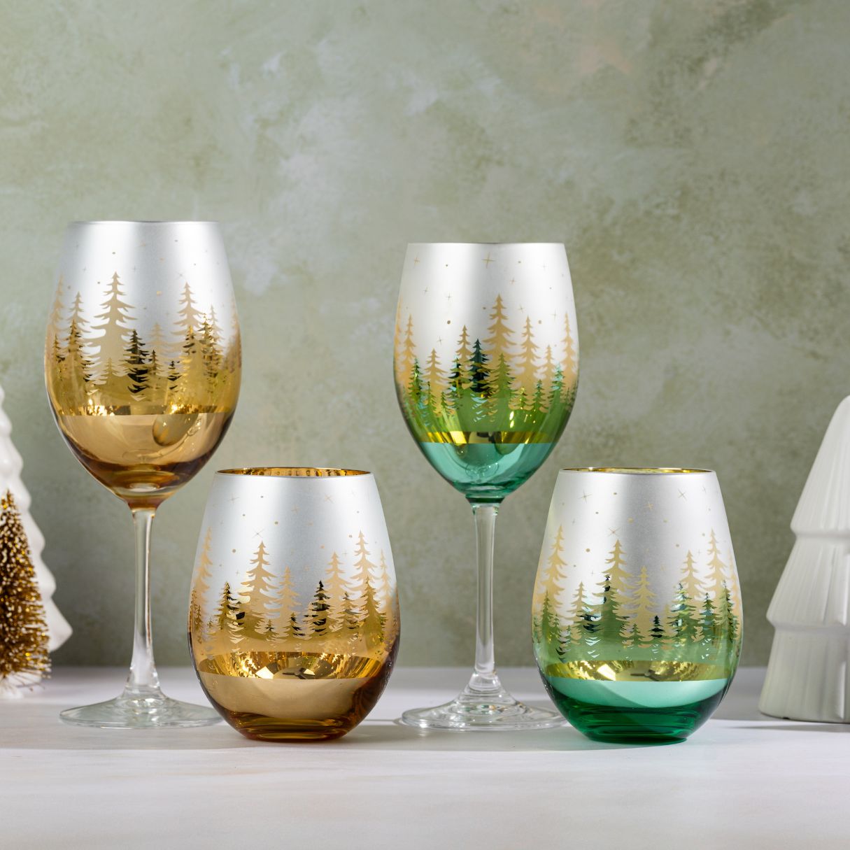 Green Pine Tree Stemless Wine Glasses