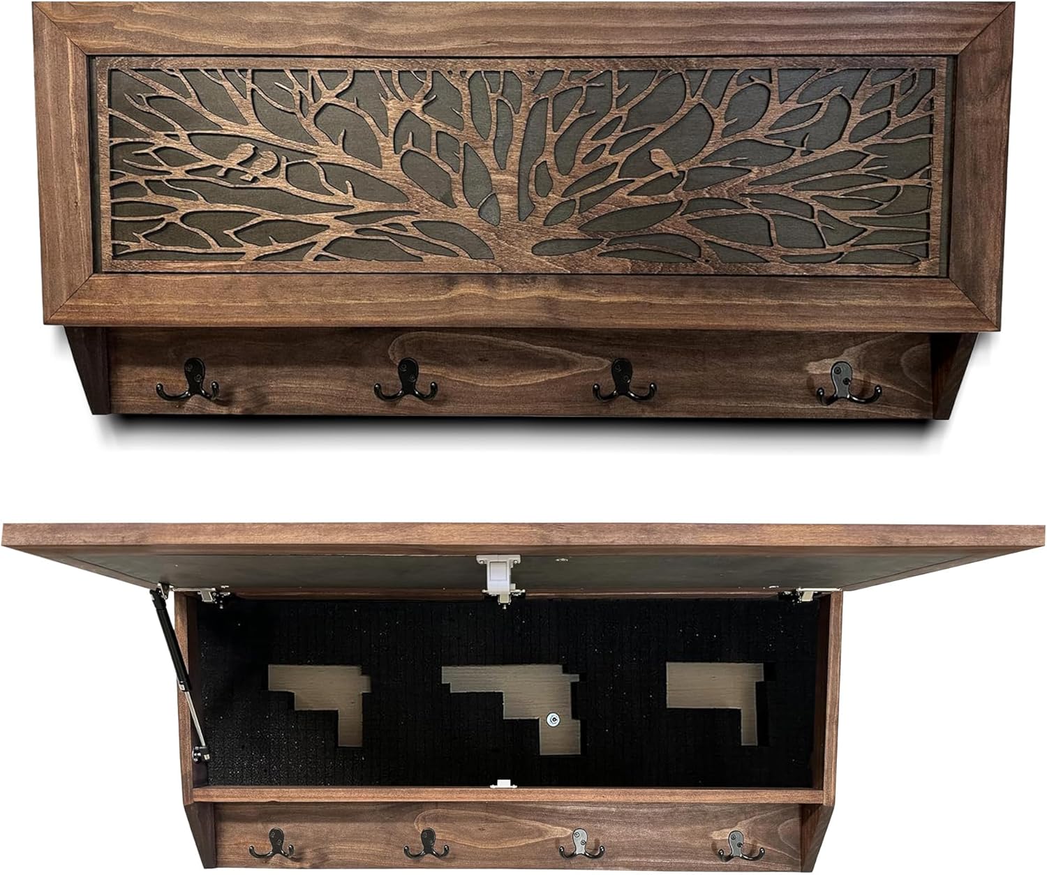 Birds in a Tree Large Gun Concealment Coat Rack - Handcrafted Wooden Gun Cabinets - Gun Shelf Hidden Storage for Rifles, Shotguns, & Handguns - Quick Access Hidden Wall Safe