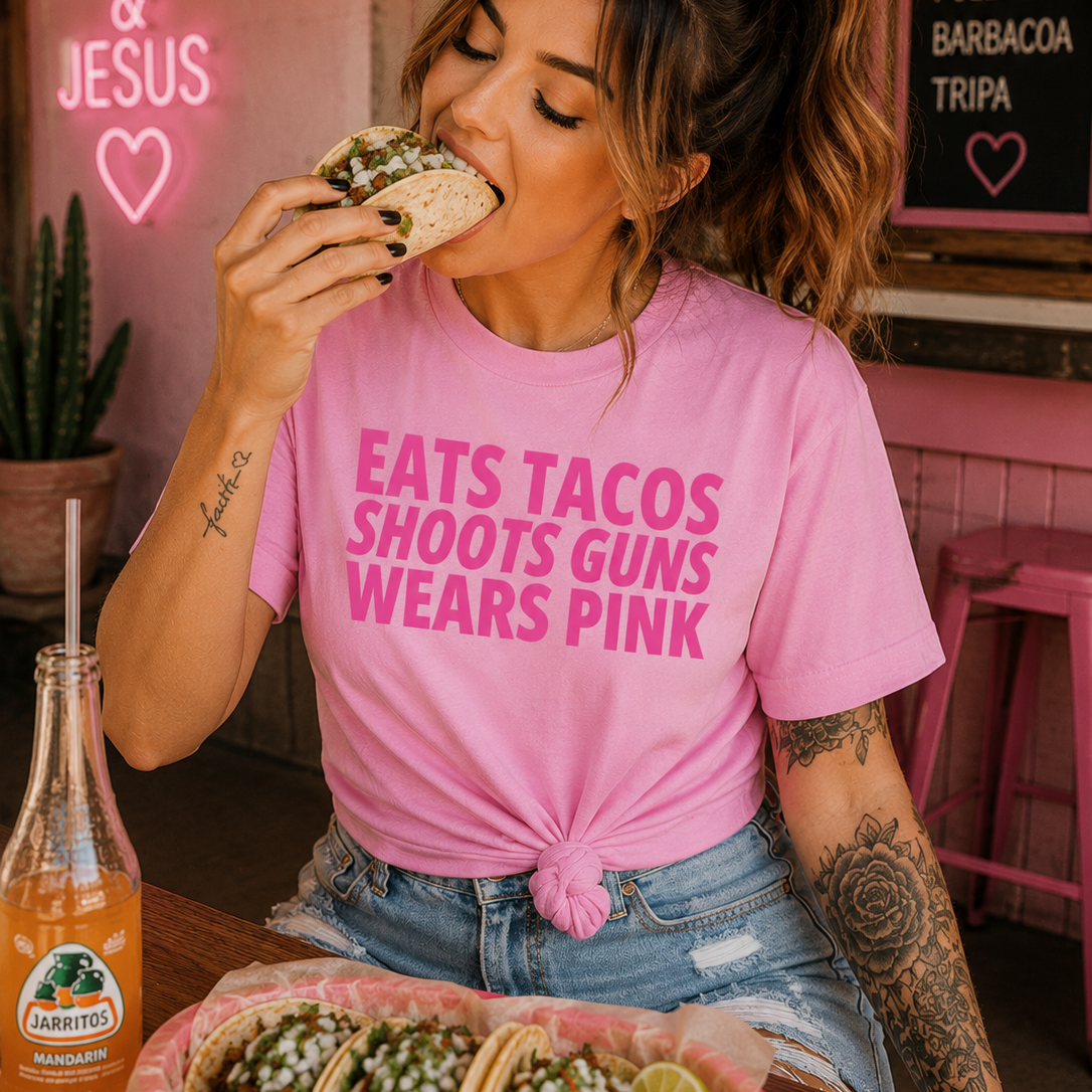EATS TACOS WEARS PINK Tee