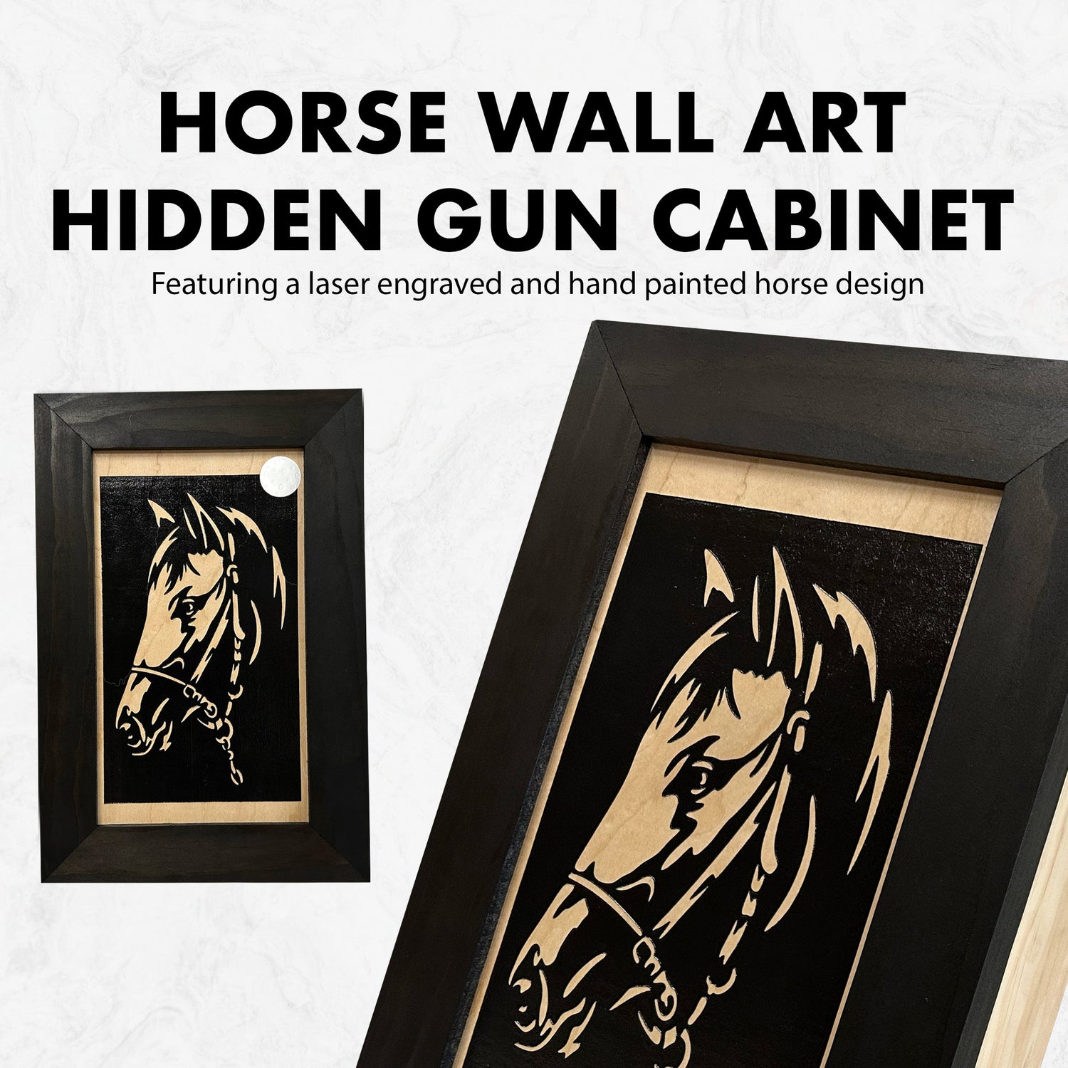 Horse Wall Art Gun Concealment Furniture - Handcrafted Hidden Gun Storage Wall Decor - Hidden Gun Shelf with Magnetic Lock for Quick Access
