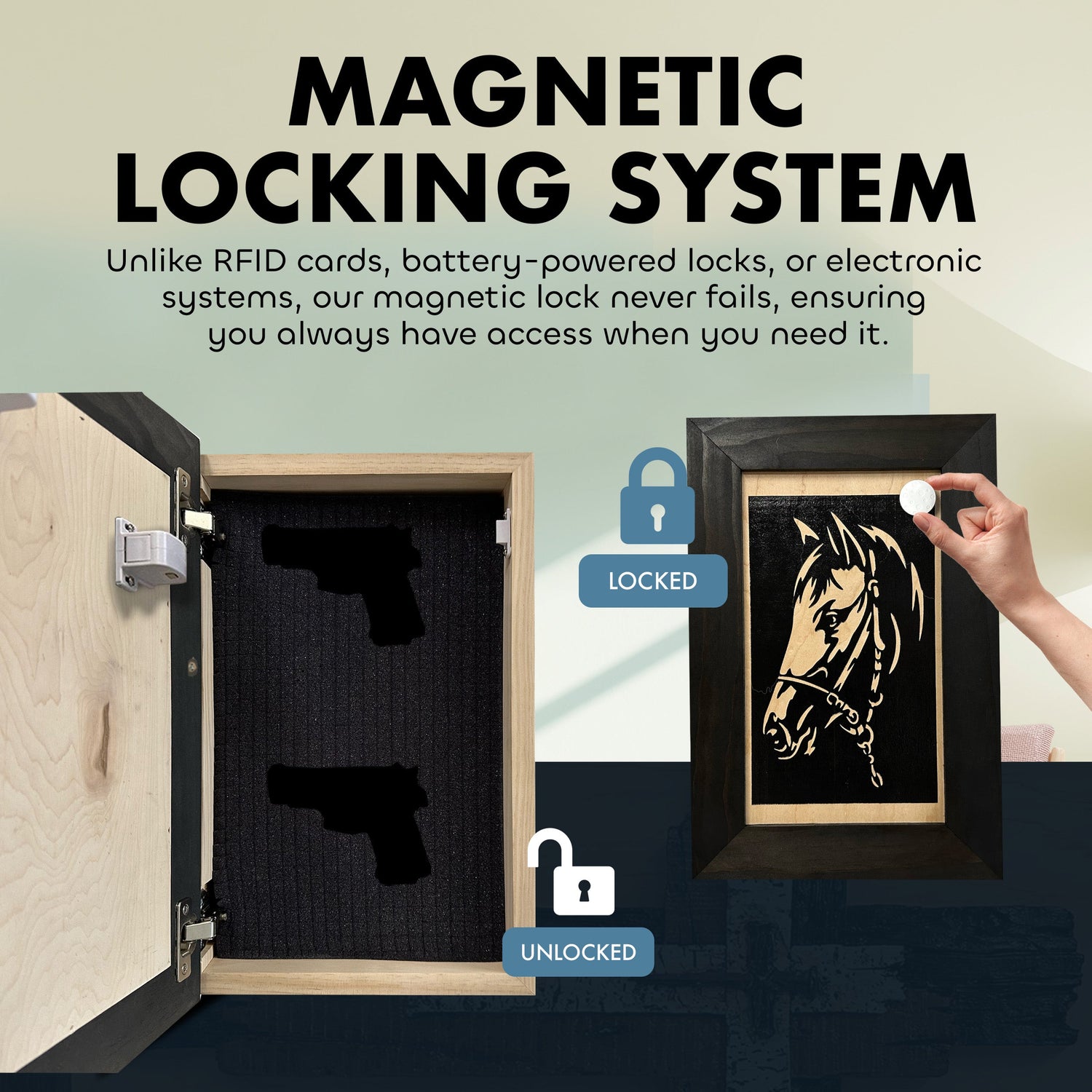 Horse Wall Art Gun Concealment Furniture - Handcrafted Hidden Gun Storage Wall Decor - Hidden Gun Shelf with Magnetic Lock for Quick Access