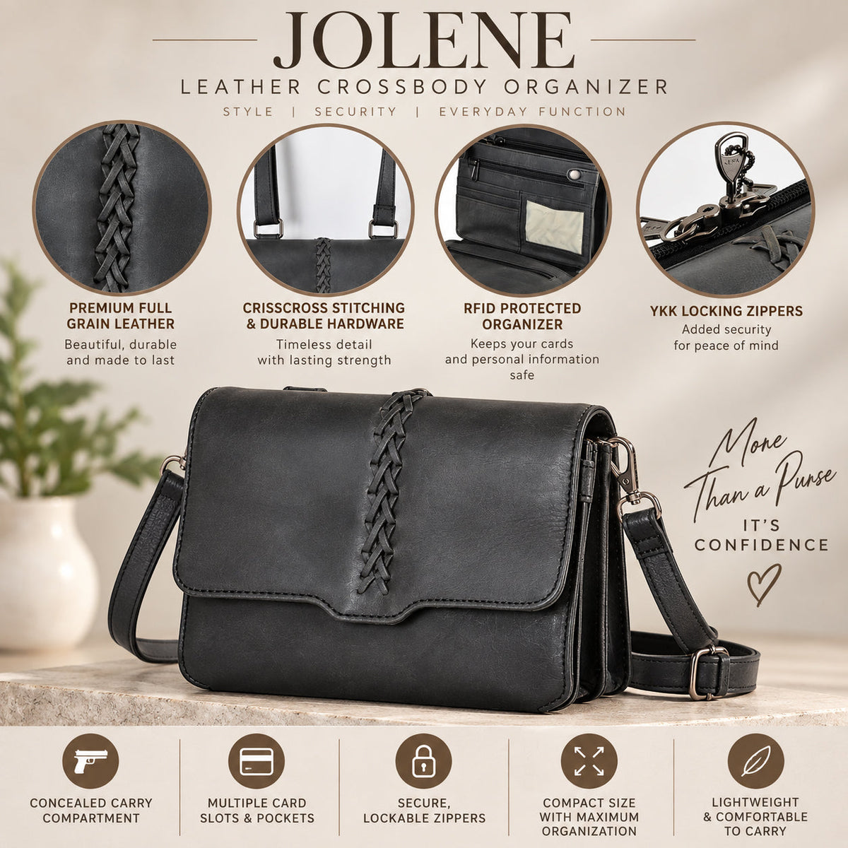 Concealed Carry Jolene Leather Crossbody Organizer by Lady Conceal