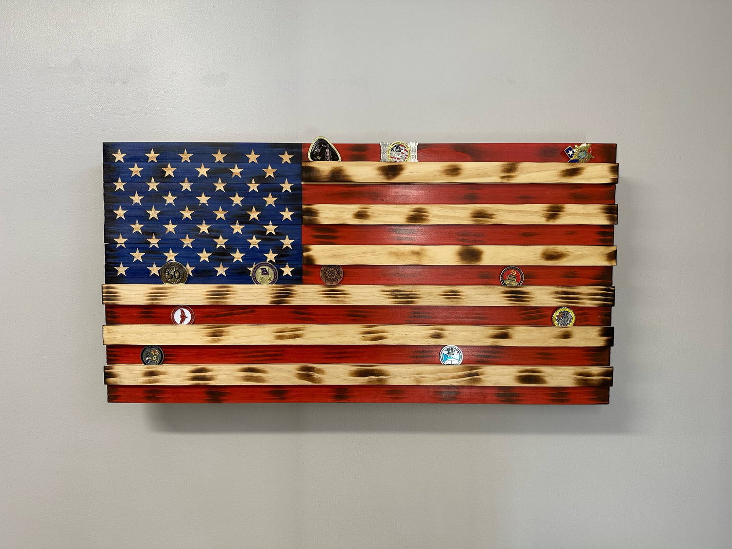 American Flag Challenge Coin Display and Hidden Gun Cabinet, Military Coin Holder Holds 100 Coins and is Ready to Hang, Large US Flag Patriotic Art 38.5