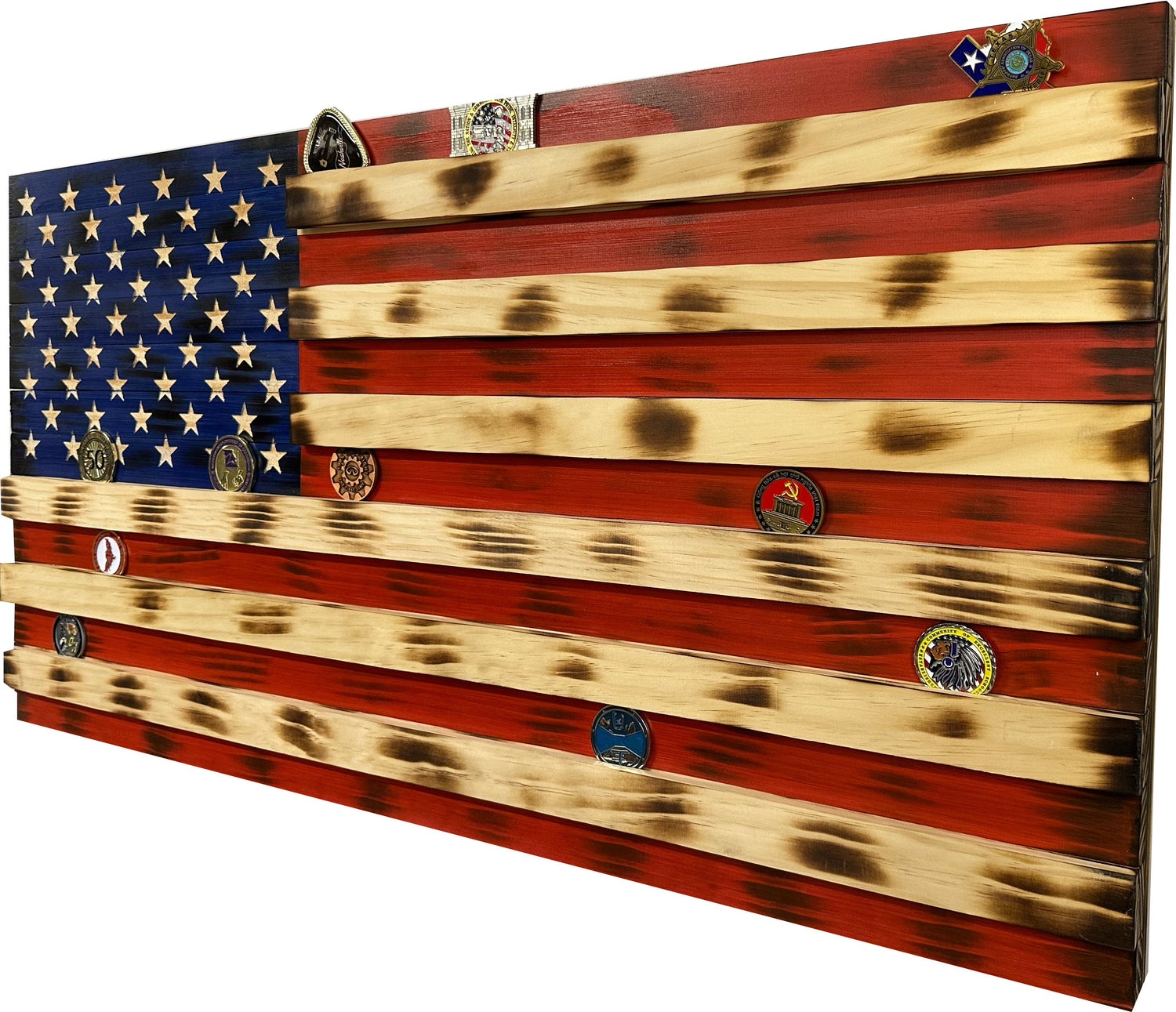American Flag Challenge Coin Display and Hidden Gun Cabinet, Military Coin Holder Holds 100 Coins and is Ready to Hang, Large US Flag Patriotic Art 38.5