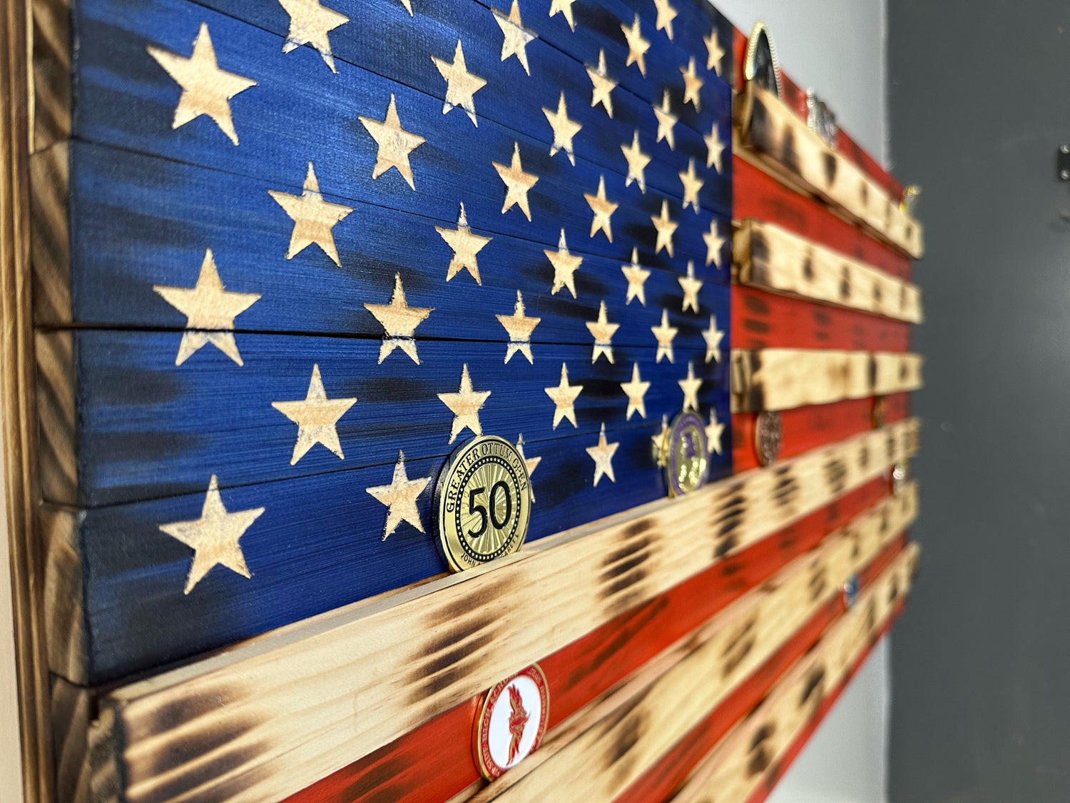 American Flag Challenge Coin Display and Hidden Gun Cabinet, Military Coin Holder Holds 100 Coins and is Ready to Hang, Large US Flag Patriotic Art 38.5