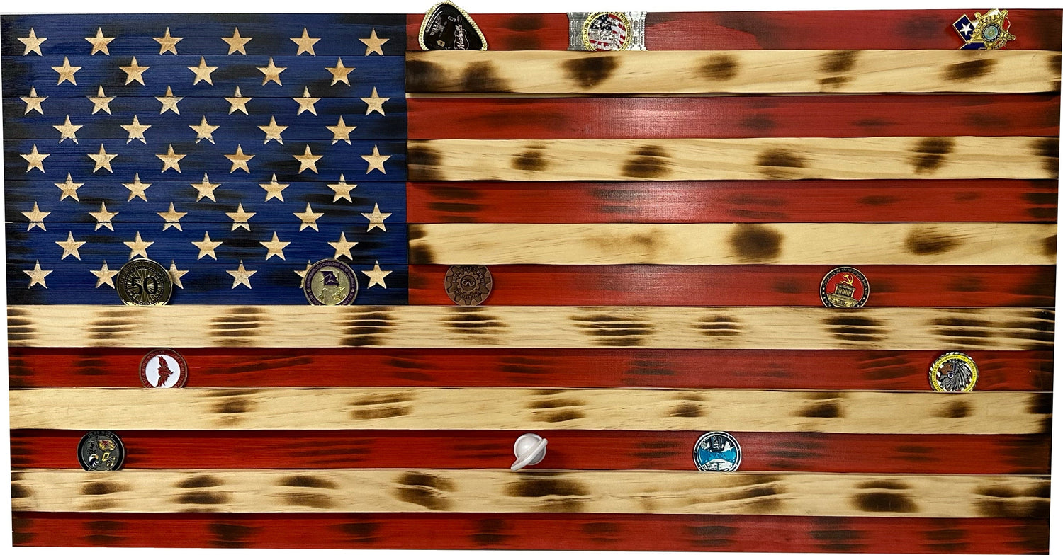 American Flag Challenge Coin Display and Hidden Gun Cabinet, Military Coin Holder Holds 100 Coins and is Ready to Hang, Large US Flag Patriotic Art 38.5