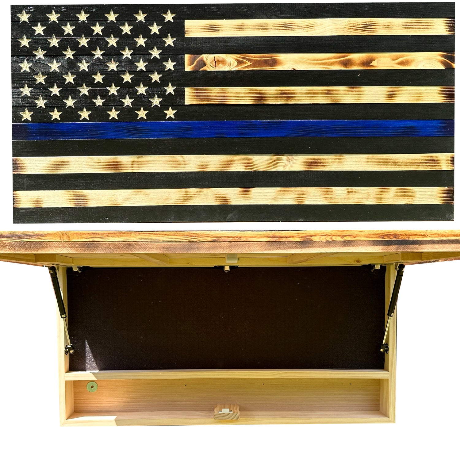 Large Thin Blue Line American Flag Gun Safe - Quick Access Hidden Gun Safe for Rifles, Shotguns, & Handguns - Gun Concealment Furniture with Magnetic Lock - Gun Self Hidden Storage (Blue Line)