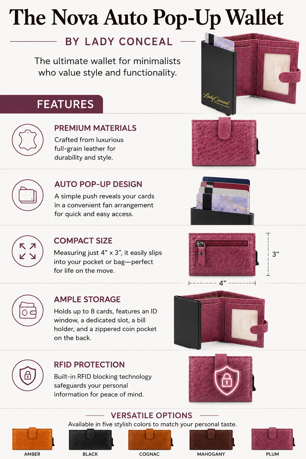 Nova RFID Compact Leather Wallet by Lady Conceal