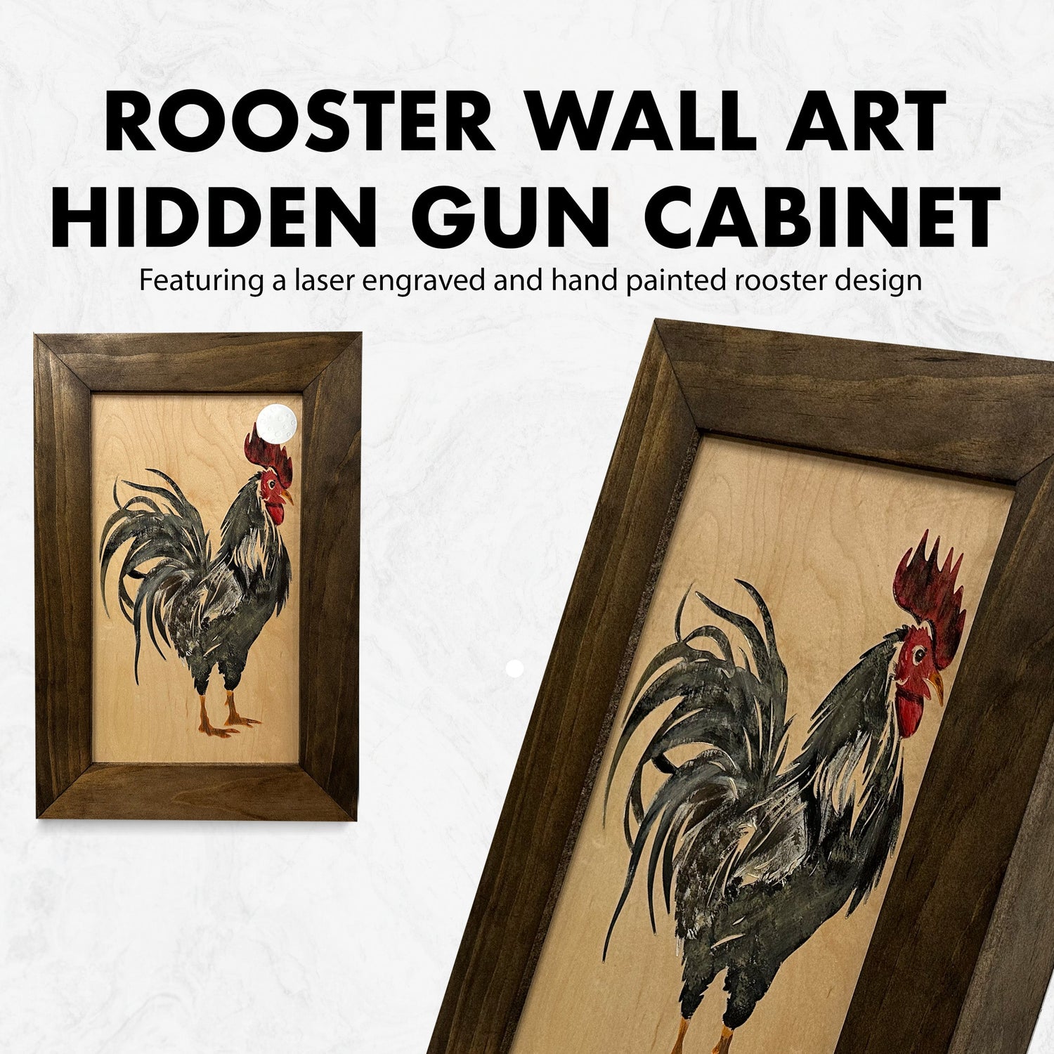 Farmhouse Rooster Gun Concealment Furniture - Handcrafted Hidden Gun Storage Wall Decor - Hidden Gun Shelf with Magnetic Lock for Quick Access