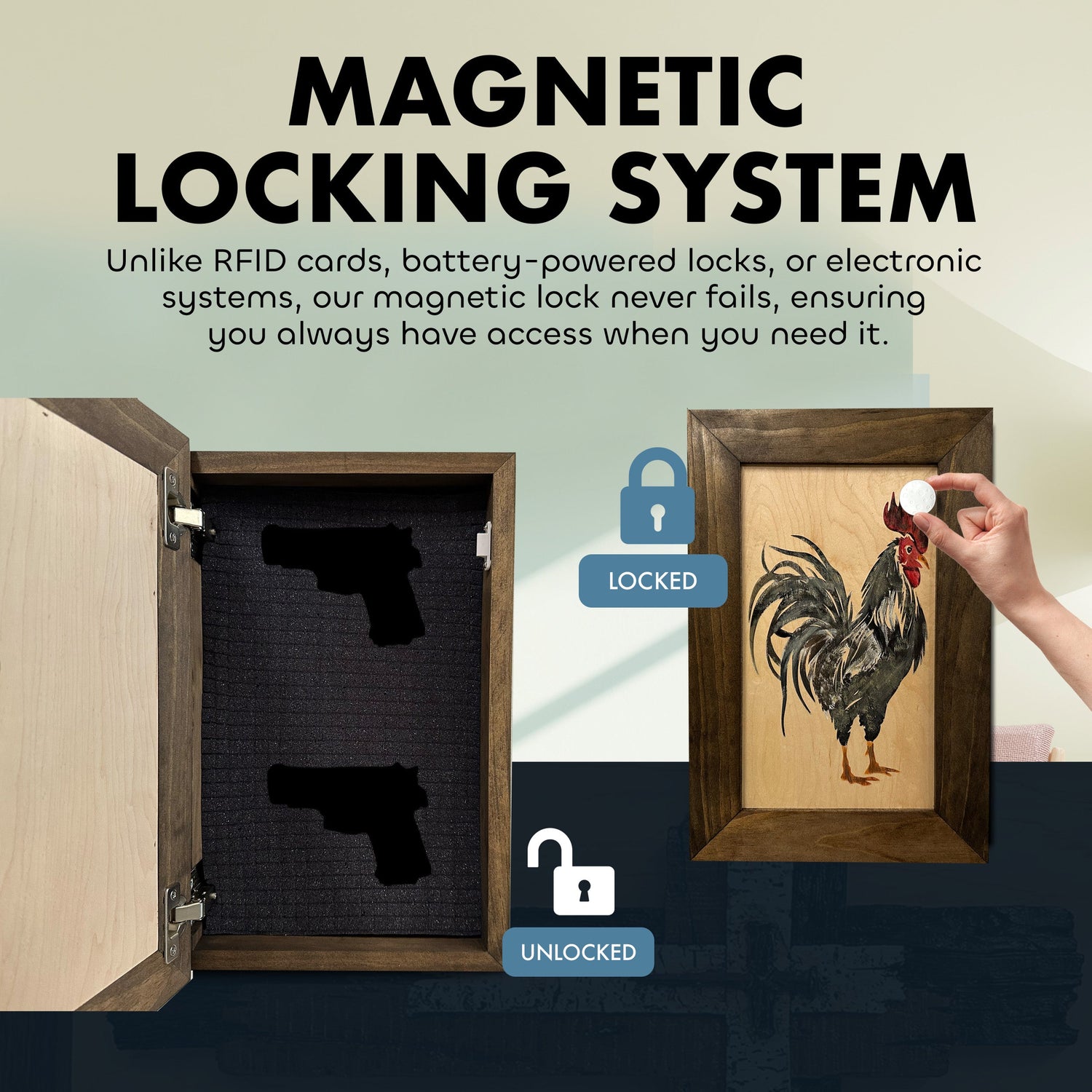 Farmhouse Rooster Gun Concealment Furniture - Handcrafted Hidden Gun Storage Wall Decor - Hidden Gun Shelf with Magnetic Lock for Quick Access
