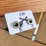 Headstamp Bullet Studs with .38 Special Casing in Emerald. Unique Handmade One-of-a-kind, custom jewelry by Sarah's Jewelry Designs