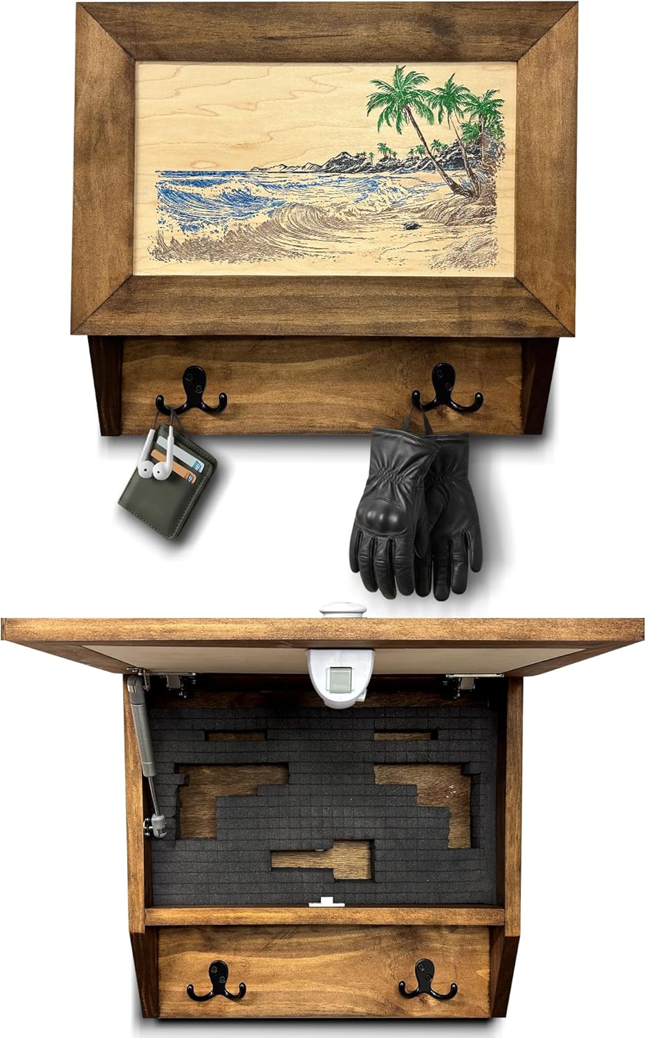 Tropical Paradise Hidden Gun Storage Coat Rack with Hooks for Coats, Bags, & Hats - Quick Access Concealment Shelf with Magnetic Lock - Handcrafted Gun Concealment Furniture