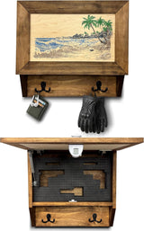Tropical Paradise Hidden Gun Storage Coat Rack with Hooks for Coats, Bags, & Hats - Quick Access Concealment Shelf with Magnetic Lock - Handcrafted Gun Concealment Furniture