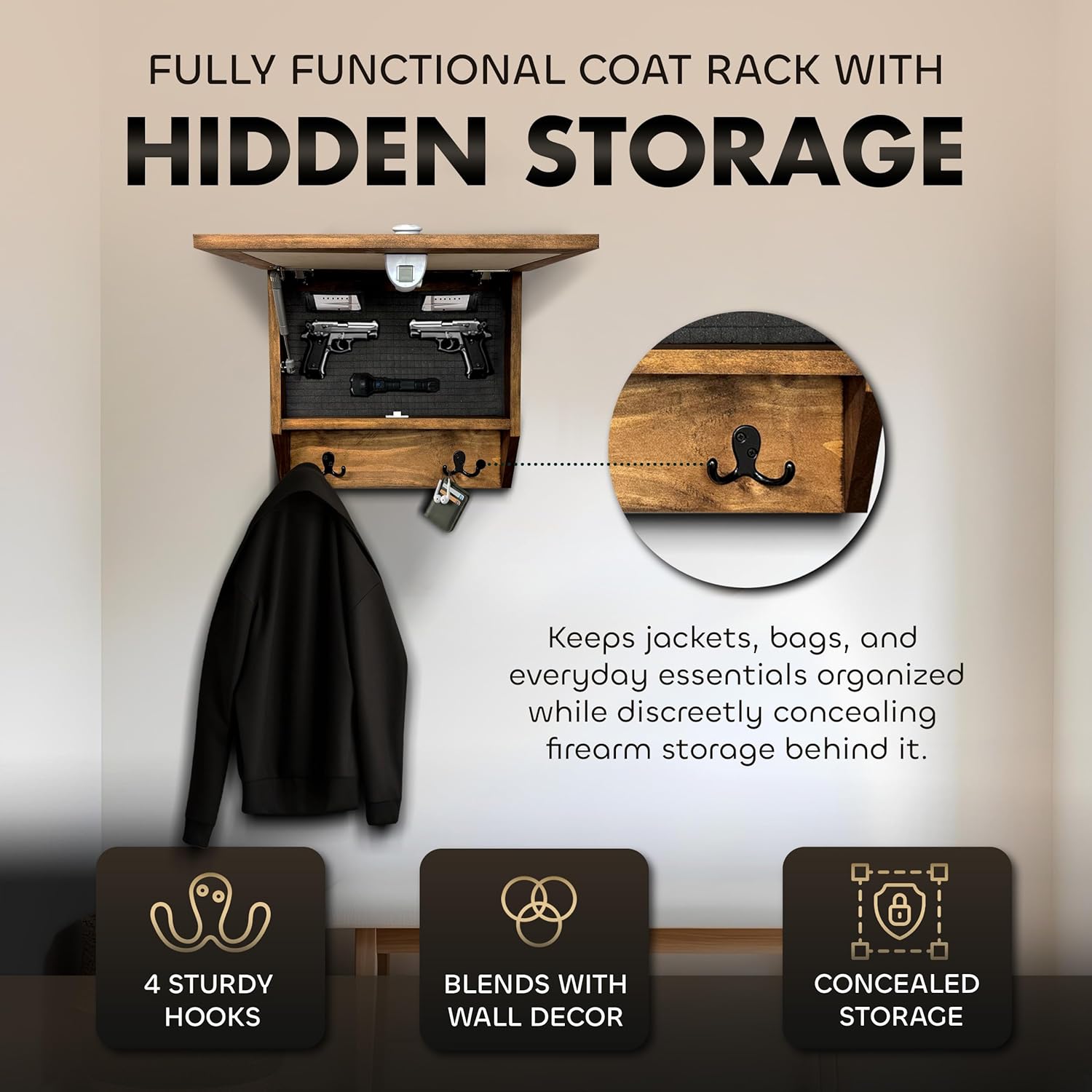 Tropical Paradise Hidden Gun Storage Coat Rack with Hooks for Coats, Bags, & Hats - Quick Access Concealment Shelf with Magnetic Lock - Handcrafted Gun Concealment Furniture