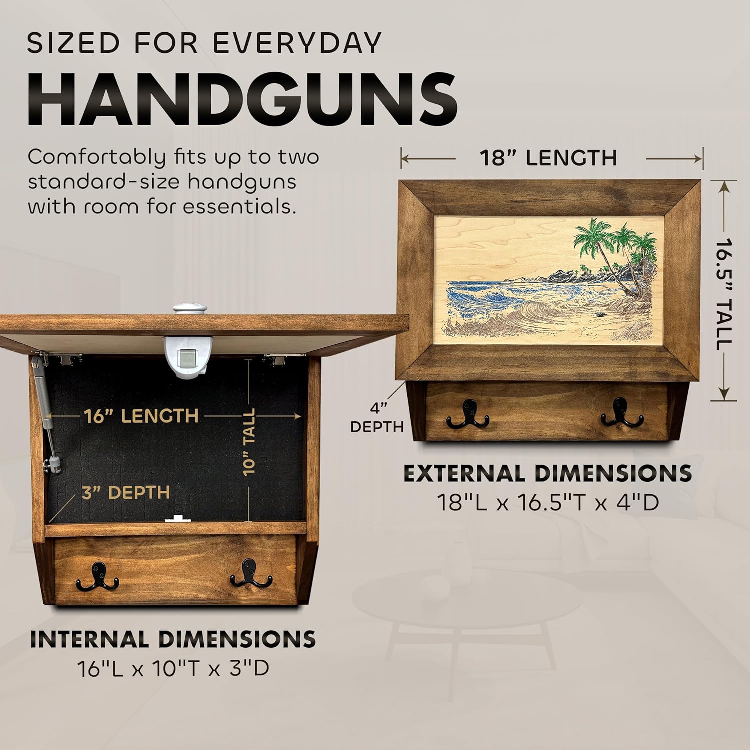 Tropical Paradise Hidden Gun Storage Coat Rack with Hooks for Coats, Bags, & Hats - Quick Access Concealment Shelf with Magnetic Lock - Handcrafted Gun Concealment Furniture