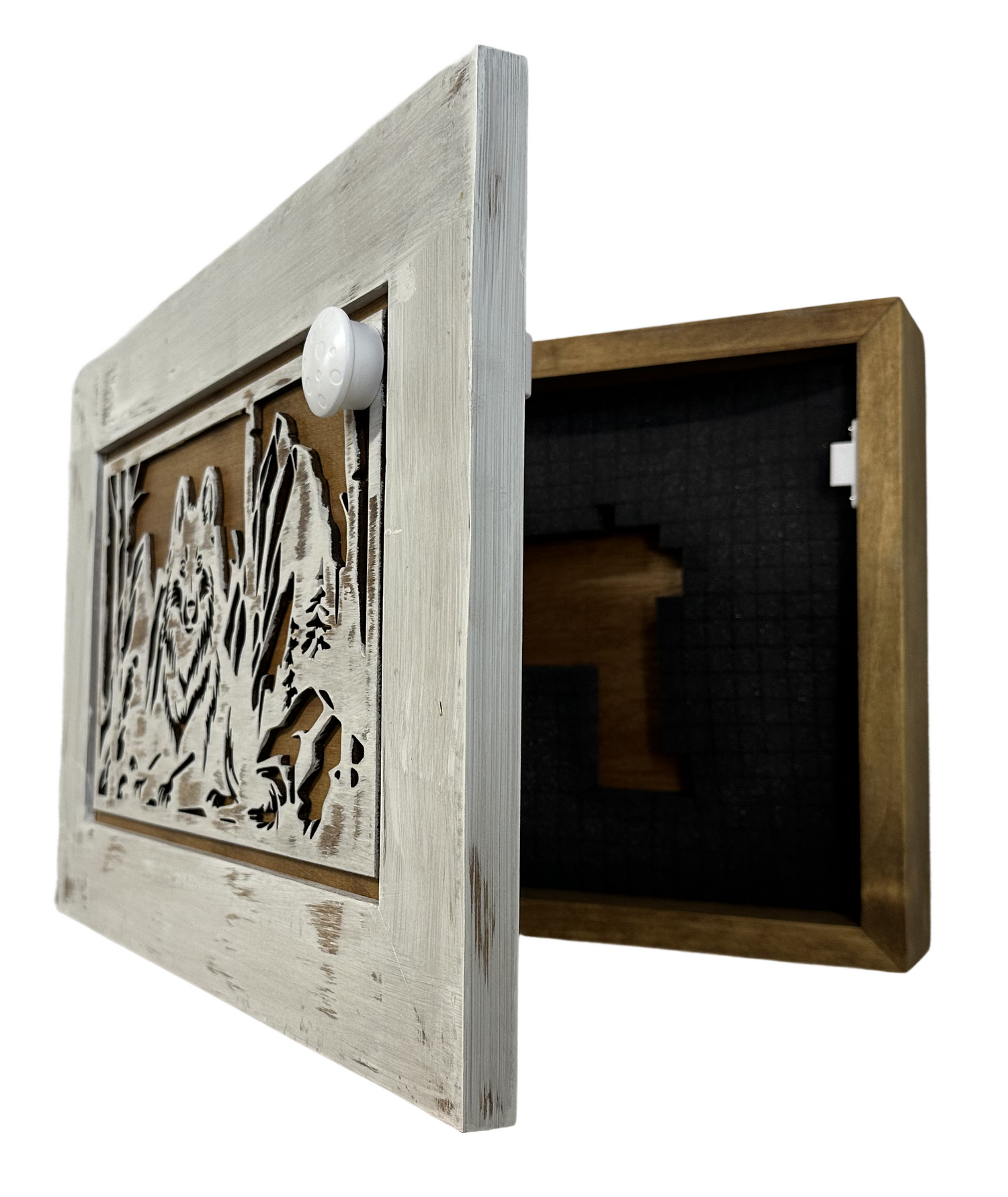 White Wolf Gun Concealment Furniture - Handcrafted Hidden Gun Storage Wall Decor - Hidden Gun Shelf with Magnetic Lock for Quick Access