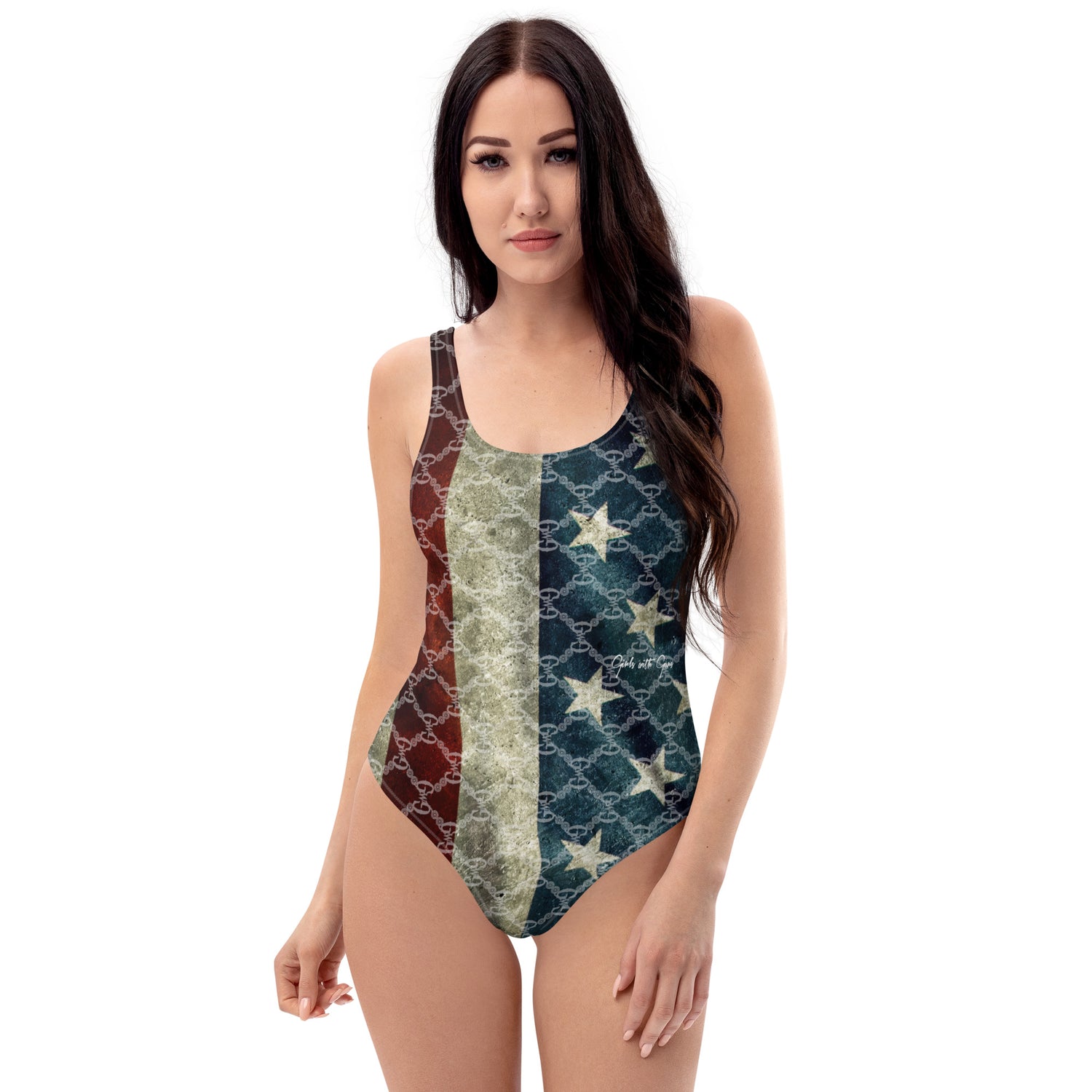 Liberty One Piece Swimsuit by Girls with Guns. Show off your patriotic pride in this swim suit designed to turn heads.