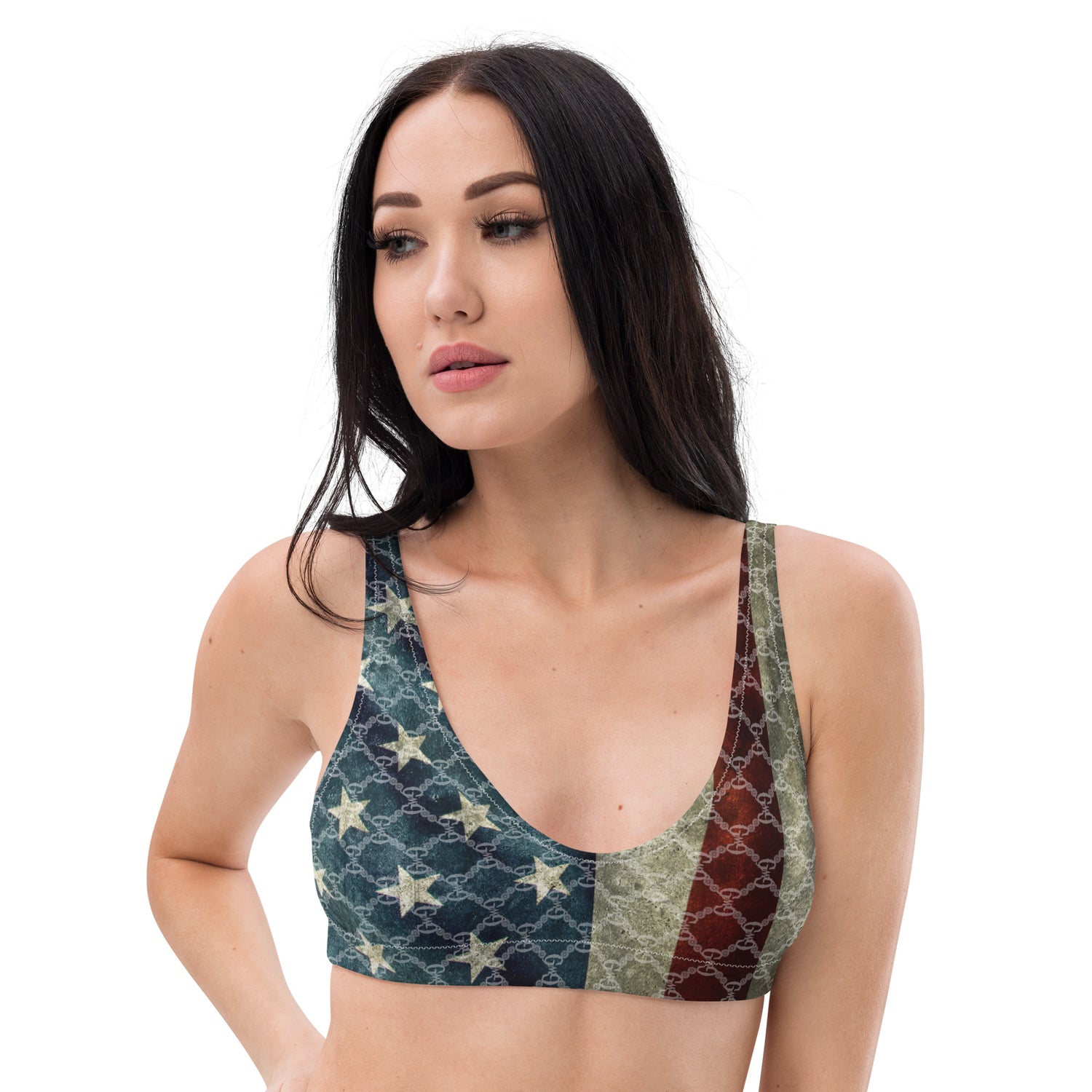 Liberty Padded Bikini Top by Girls with Guns. In a stars and stripes pattern to show your patriotic pride for our country.