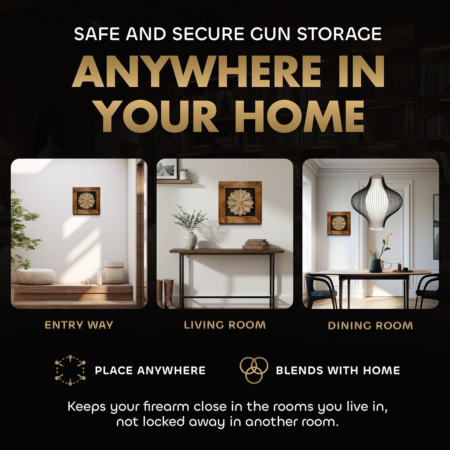 Wild Flower Hidden Gun Storage Wall Decor - Handcrafted Gun Concealment Furniture - Quick Access Handgun Safe with Magnetic Lock - Secure Hidden Wall Safe - USA Made (Black)