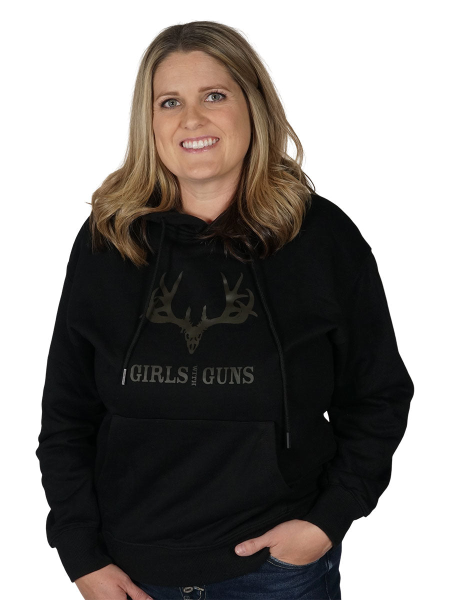 women's-black-hoodie-with-classic-buck-head-logo-on-chest-detail-close-up-by-girls-with-guns