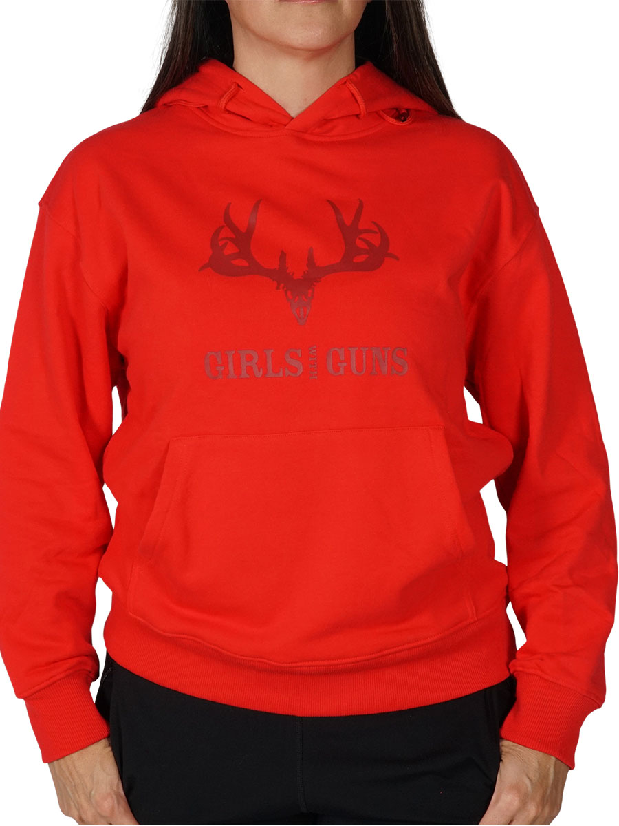 women's-red-hoodie-with-classic-buck-head-logo-on-chest-close-up-detail-shot-by-girls-with-guns