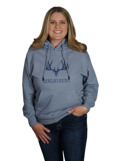 women's-steel-gray-hoodie-with-classic-buck-head-logo-on-chest-detail-close-up-by-girls-with-guns