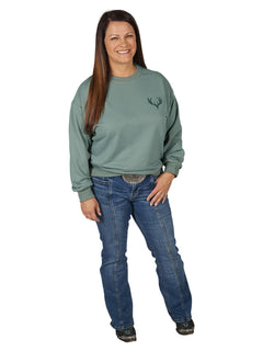 Women's Buck Skull Crew Pullover in Bamboo Green with Classic GWG Buck Head Graphic