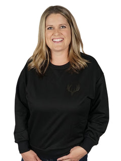 Women's Buck Skull Crew Pullover in Black - Detail shot of Classic Buck Head logo by Girls with Guns