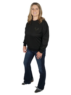 Women's Buck Skull Pullover in black with Girls with Guns Classic Buck Head Logo on the left chest. 