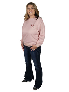 Women's Buck Skull Crew Pullover in Dusty Pink with Girls with Guns Classic Buck Head Logo in tone on tone.