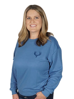 Women's Buck Skull Crew Pullover in Stone Blue - Detail shot of Classic Buck Head logo by Girls with Guns