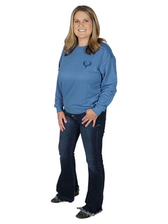 Women's Buck Skull Pullover with Girls with Guns Classic Buck Head Logo in Stone Blue.