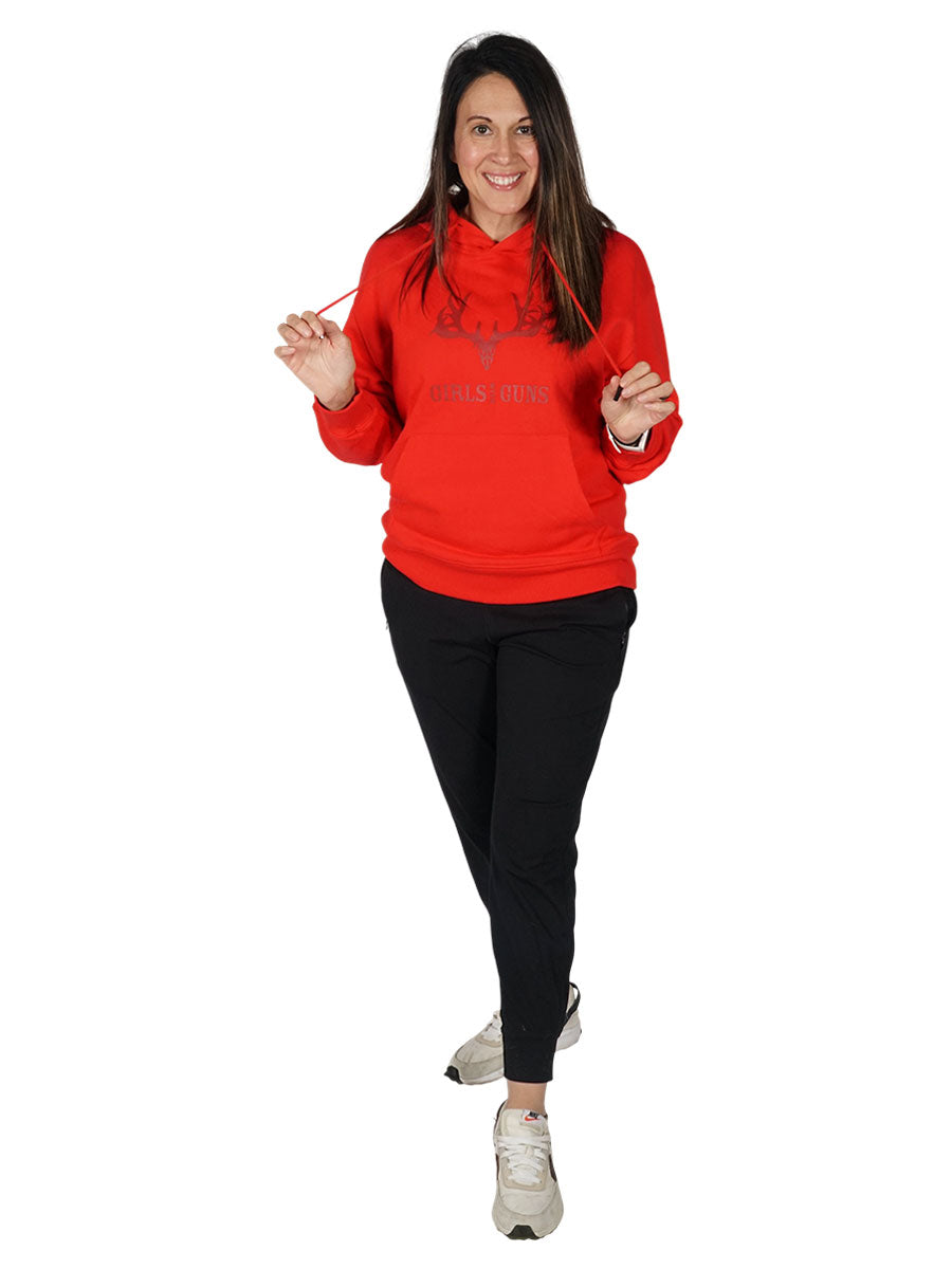 women's-red-hoodie-with-classic-buck-head-logo-on-chest-front-view-full-length-
by-girls-with-guns