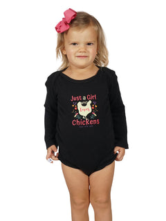 Chickadee Baby Onesie - Chicken Graphic with Just A Girl Who Loves Chickens on a black 100% cotton onesie.