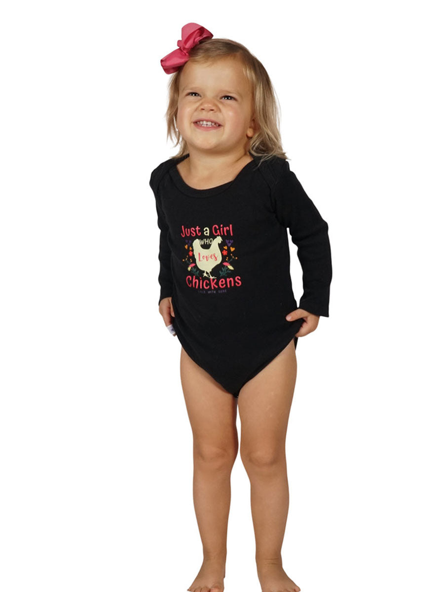 Chickadee Graphic Baby Onesie in Black - Just A Girl Who Loves Chickens