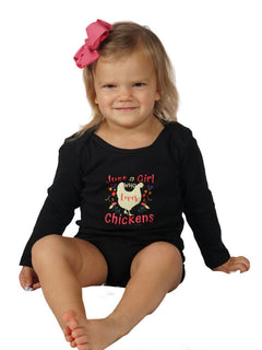 Chickadee baby onesie in black with a yellow chicken graphic and Just a Girl Who Loves Chickens.