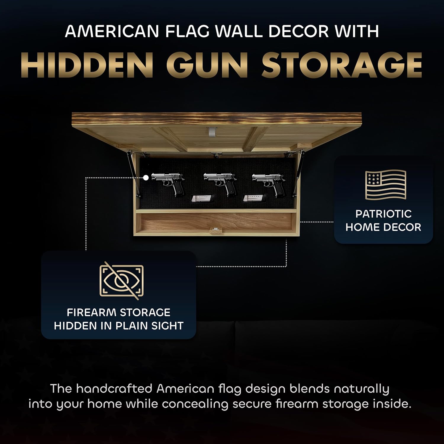 American Flag Challenge Coin Display and Hidden Gun Cabinet, Military Coin Holder Holds 100 Coins and is Ready to Hang, Large US Flag Patriotic Art 38.5