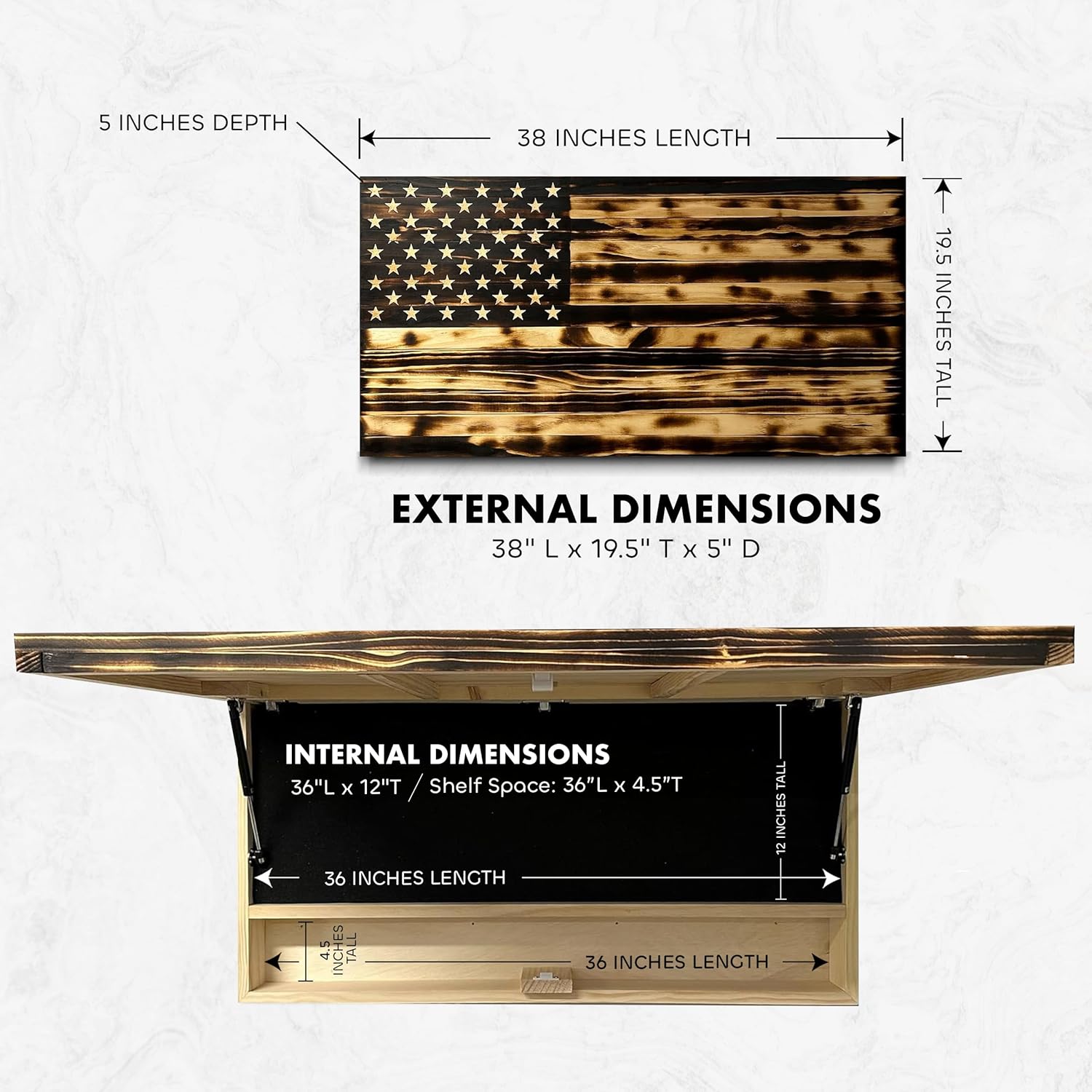 Large American Flag Gun Safe - Quick Access Hidden Gun Safe for Rifles, Shotguns, & Handguns - Gun Concealment Furniture with Magnetic Lock - Gun Self Hidden Storage (Burnt)
